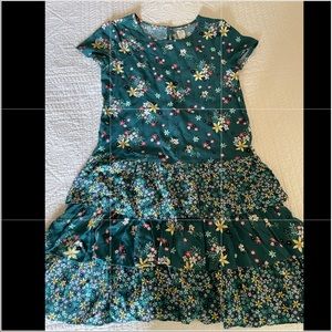 GAP KIDS floral dress with 3 green ruffle tiers.